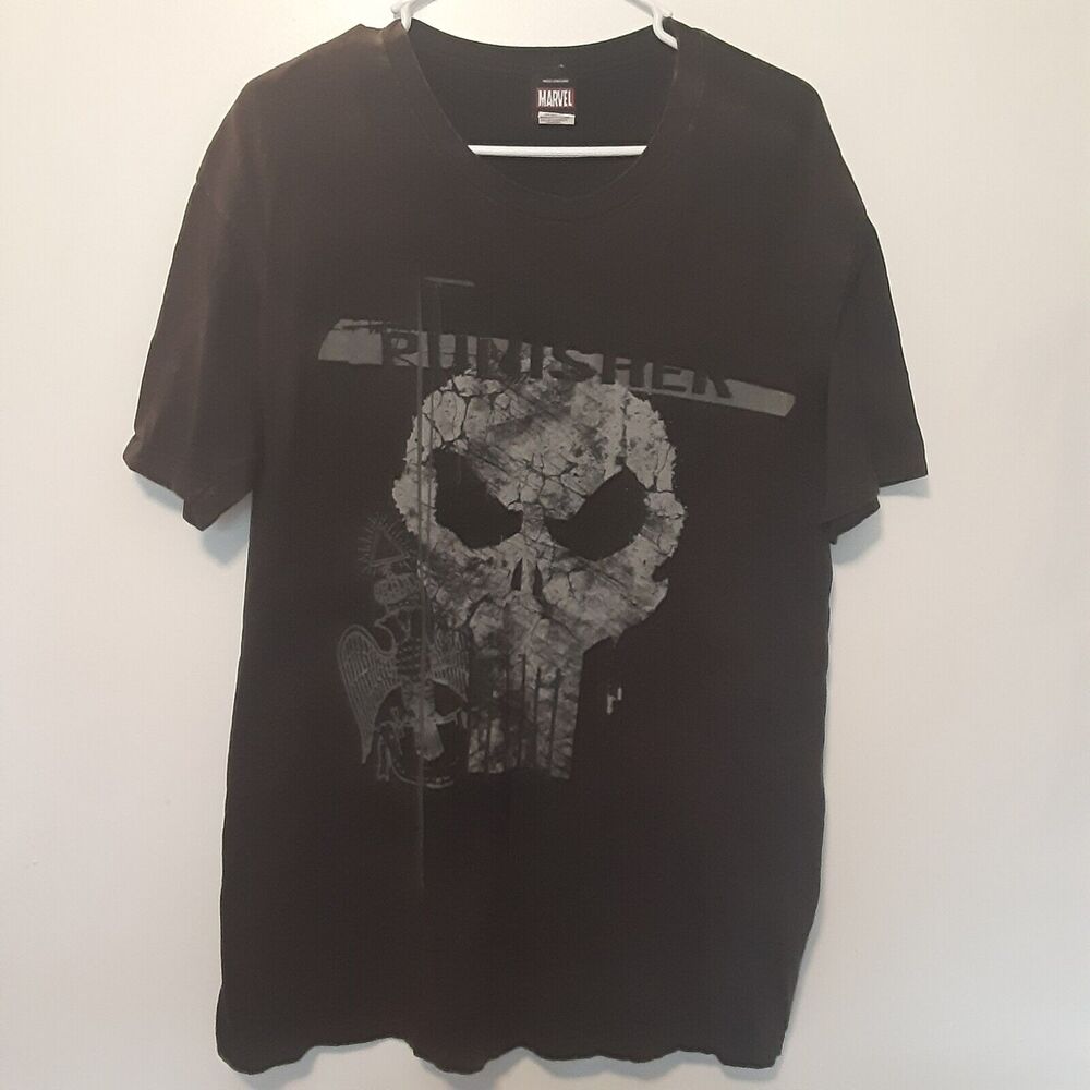 Vtg Marvel Punisher T Shirt Adult Mens XL Black Short Sleeve Faded Y2k Thrashed